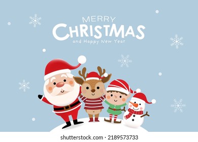 Merry Christmas and happy new year 2023 greeting card with cute Santa Claus, little elf, snowman and deer. Holiday cartoon character in winter season. -Vector