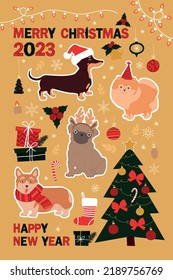 Merry Christmas and Happy New Year card with dogs and different winter elements. Cute hand drawn illustration.