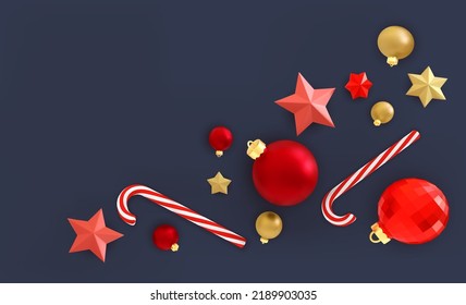 Merry Christmas and Happy New Year. 3D realistic objects. Festive background. Golden and red bauble balls, metal christmas stars, candy cans. Vector decorative top view holiday design illustration.