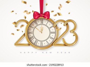 Merry Christmas and Happy New Year poster with gold clock face, confetti and 2023 numbers. Vector illustration. Holiday invitation template, flyer, brochure or voucher. Party countdown old watch.