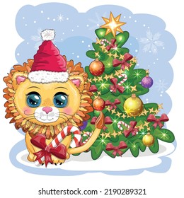 Merry Christmas and Happy New year. Funny lion in red hat with gift in cartoon style. Greeting card