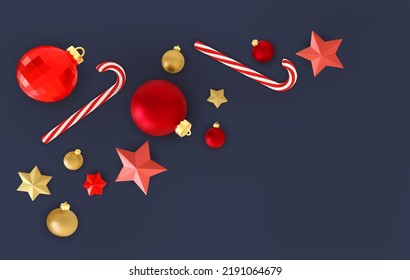 Merry Christmas and Happy New Year. 3D realistic objects. Festive background. Golden and red bauble balls, metal christmas stars, candy cans. Vector decorative top view holiday design illustration.