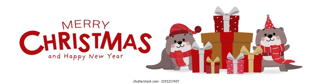 Merry Christmas and happy new year greeting card with cute otter in red costume and holidays gift. Animal wildlife in winter cartoon character set. -Vector