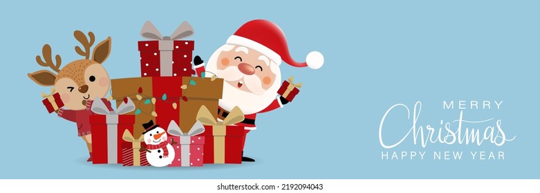 Merry Christmas and happy new year 2023 greeting card with cute Santa Claus, deer, gifts and snowman. Holiday cartoon character in winter season. -Vector.