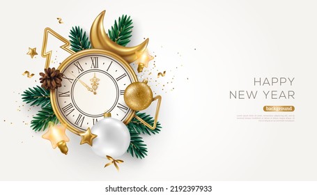 Merry Christmas Happy New Year 2023 Banner. Fir Tree Branches, Gold Baubles, Bulbs, Metal Shapes on Bright Background. Vector illustration. Gift card, voucher design, poster template, place for text