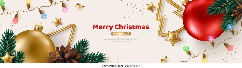 Merry Christmas and Happy New Year 2023 Banner with Fir Tree Branches, Red Golden Baubles, Lights Garland on Bright Background. Vector illustration. Winter holiday template design, poster, flyer