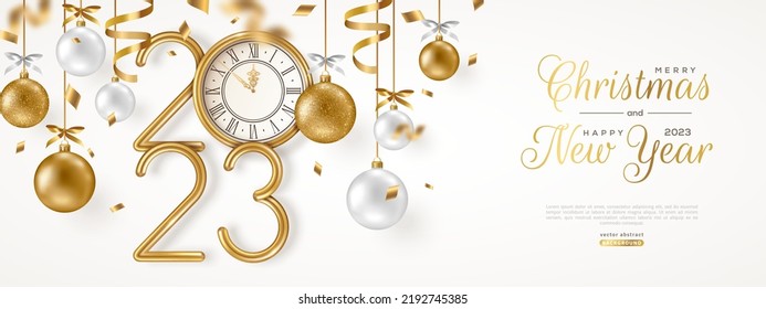 Merry Christmas and Happy New Year banner with hanging gold and white 3d baubles, confetti and 2023 numbers. Vector illustration. Winter holiday decorations, golden vintage clock. Place for text