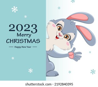 Merry Christmas and Happy New Year. Rabbit cartoon character. Funny bunny. 2023 - year of the Rabbit