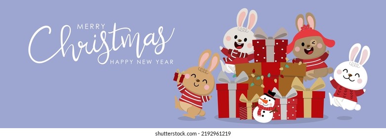 Merry Christmas and happy new year 2023 greeting card with rabbit and bunny in winter costumes. Holiday cartoon character. -Vector