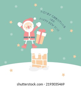 merry christmas and happy new year with cute santa claus and present gift with chimney in the winter season green background, flat vector illustration cartoon character costume design