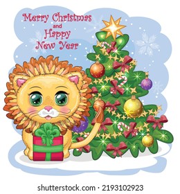 Merry Christmas and Happy New year. Funny lion in red hat with gift in cartoon style. Greeting card