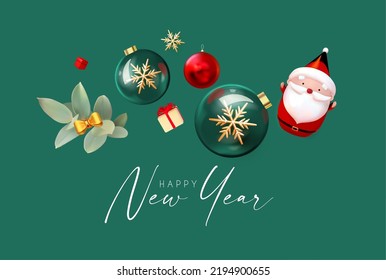 Merry Christmas and Happy New Year celebration with 3D Santa Claus character, red gift box and glossy glass balls with snowflakes.