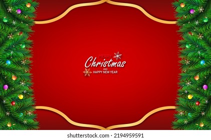 Merry Christmas and Happy New Year. Xmas decorative design elements on red background. Horizontal Christmas posters, greeting cards. Objects viewed from above.