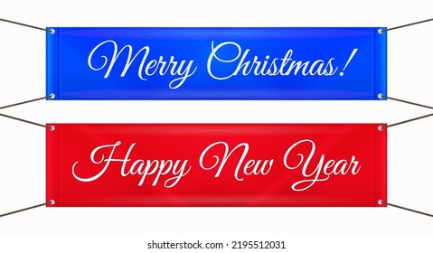 Merry Christmas and happy New Year blue and red vinyl banners on grommets. Christmas greeting card template. 3D vector illustration.