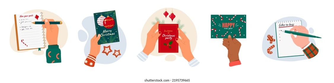 Merry Christmas and Happy New Year. Set of hands holding greeting cards, writing down goals and list of gifts to buy. Traditional winter holiday. Cartoon flat vector collection isolated on white