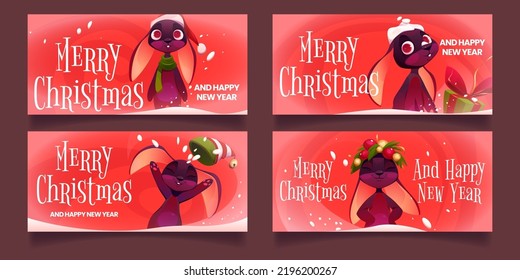 Merry Christmas and Happy New Year banners or greeting cards with cute rabbit cartoon character, funny xmas bunny in Santa hat, holding broken gift box. winter holidays celebration Vector