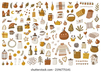 Merry Christmas or Happy New Year collection. Traditional winter holidays elements. Hand drawn icon vector illustration. Good for label, banner, tags, stickers, greeting card, party invitation, poste