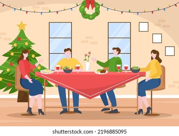 Merry Christmas and Happy New Year Template Hand Drawn Cartoon Flat Background Illustration with with People Celebrating, Snowman and Winter Landscape