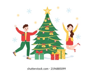 Merry Christmas and Happy New Year Template Hand Drawn Cartoon Flat Background Illustration with with People Celebrating, Snowman and Winter Landscape