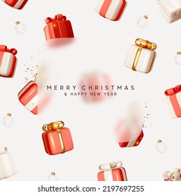 Merry Christmas and Happy New Year. Background with realistic festive gifts box. Xmas present. Blue boxes fall effect. Holiday gift surprise banner, web poster, flyer, stylish brochure, greeting card