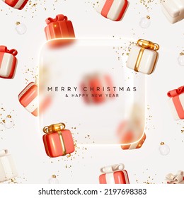 Merry Christmas and Happy New Year. Background with realistic festive gifts box. Xmas present. Blue boxes fall effect. Holiday gift surprise banner, web poster, flyer, stylish brochure, greeting card