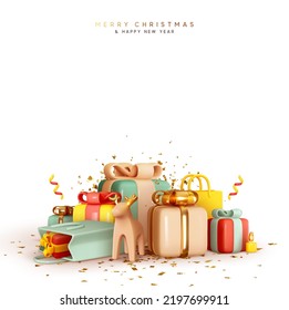 Merry Christmas and Happy New Year background. Realistic 3d design of Christmas Pile of colorful gift boxes, present box, bag gifts surprise. Holiday banner, poster, greeting card. Vector illustration