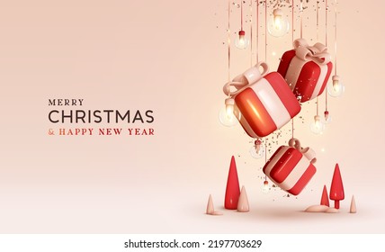 Merry Christmas and Happy New Year background. Realistic 3d Xmas design, falling gift boxes and gold confetti hanging on ribbon glass balls decoration light garland Christmas tree. Vector illustration