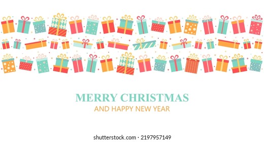 Merry Christmas and Happy New Year. Bright gifts on a white background. Vector illustration.