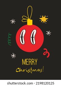 Merry Christmas and Happy New Year 2023. Vector trendy abstract illustrations of holiday card with crazy christmas ball and geometric shapes for poster.