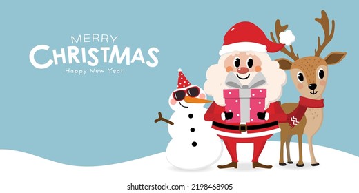 Merry Christmas and happy new year 2023 greeting card with cute Santa Claus, deer and snowman. Holiday cartoon character in winter season. -Vector.