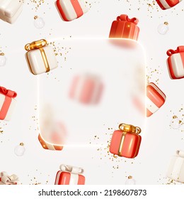 Merry Christmas and Happy New Year. Background with realistic festive gifts box. Xmas present. Blue boxes fall effect. Holiday gift surprise banner, web poster, flyer, stylish brochure, greeting card