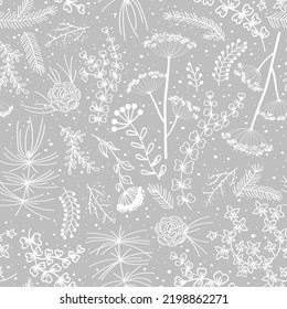 Merry Christmas, Happy New Year seamless floral pattern in elegant grey and white palette. Fir cones, doodle plants, and berries for greeting cards, wrapping papers. Winter vector.
