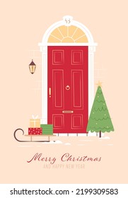 Merry Christmas and Happy New Year. Vector illustration of winter red front door with decoration, Christmas tree, sled and gifts. Decorations house. Background for greeting card, web, banner, postcard