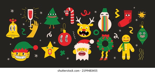 Merry Christmas and Happy New Year 2023. Vector trendy abstract illustrations of holiday card with santa claus, deer, crazy geometric shapes, christmas tree and wreath for poster.