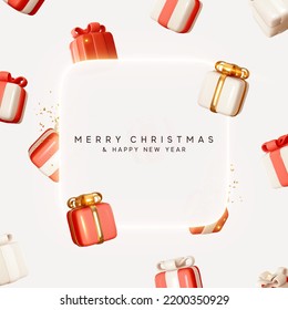 Merry Christmas and Happy New Year. Background with realistic festive gifts box. Xmas present. Blue boxes fall effect. Holiday gift surprise banner, web poster, flyer, stylish brochure, greeting card