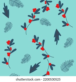 Merry Christmas, Happy New Year seamless pattern with fir cone, holly leaves and berries for greeting cards, wrapping papers. Seamless winter pattern. Vector illustration.