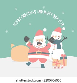 merry christmas and happy new year with cute santa claus and snowman in the winter season, flat vector illustration cartoon character costume design