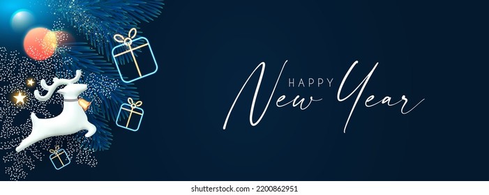 Merry Christmas and Happy New Year Holiday background with jumping deer, neon gift box, fir tree branch, bokeh effect and lights.