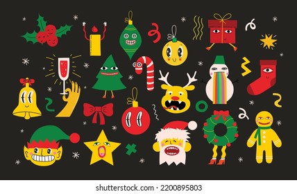 Merry Christmas and Happy New Year 2023. Vector trendy abstract illustrations of holiday card with santa claus, deer, crazy geometric shapes, christmas tree and wreath for poster.