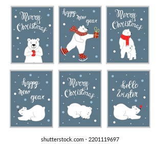 Merry Christmas and happy new year greeting card with cute polar bear and penguin. Hand lettering calligraphy. Animal wildlife holidays cartoon character vector set.