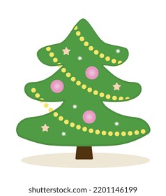 Merry Christmas and Happy New Year concept. Green Christmas tree with wide branches, decorated with garland and round toys. Design element for greeting card or cover. Cartoon flat vector illustration