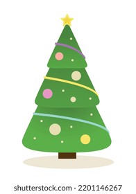 Merry Christmas and Happy New Year. Triangular gradient Christmas tree with colorful ribbons, round balls and star. Design element for invitation on winter holiday. Cartoon flat vector illustration