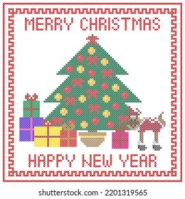 Merry Christmas and Happy New Year greeting card. Cross stitch embroidery, vector illustration. Winter holidays design elements for poster, napkin etc.