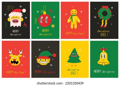 Merry Christmas and Happy New Year 2023. Vector trendy abstract illustrations of holiday card with santa claus, deer, crazy geometric shapes, christmas tree and wreath for poster.