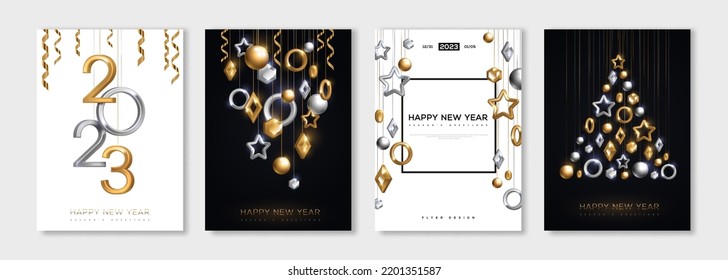 Merry Christmas and Happy New Year posters set, hanging gold silver 3d baubles, 2023 numbers. Vector illustration. Winter holiday flyer, brochure voucher template. Minimal geometric decorations