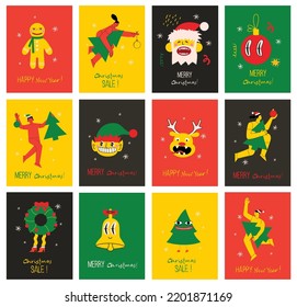 Merry Christmas and Happy New Year 2023. Vector trendy abstract illustrations of holiday card with santa claus, deer, crazy geometric shapes, christmas tree and wreath for poster.