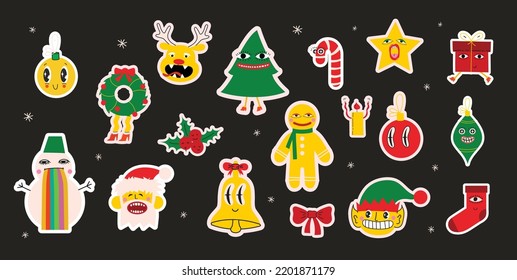 Merry Christmas and Happy New Year 2023. Vector trendy abstract stickers of holiday card with santa claus, deer, crazy geometric shapes, christmas tree and wreath for poster.