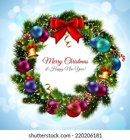 Merry christmas and happy new year greeting postcard with green wreath vector illustration