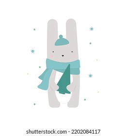 Merry Christmas And Happy New Year With A Cute Little Rabbit and a Christmas Tree and snowflakes. Greeting of the season. For postcards. Vector Cartoon Illustration