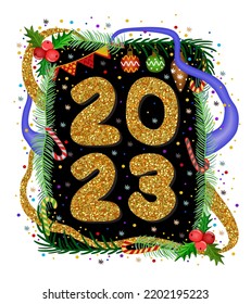 Merry Christmas and Happy New Year 2023! Shining numbers 2023 on black background with coniferous branches and New Year decoration. 